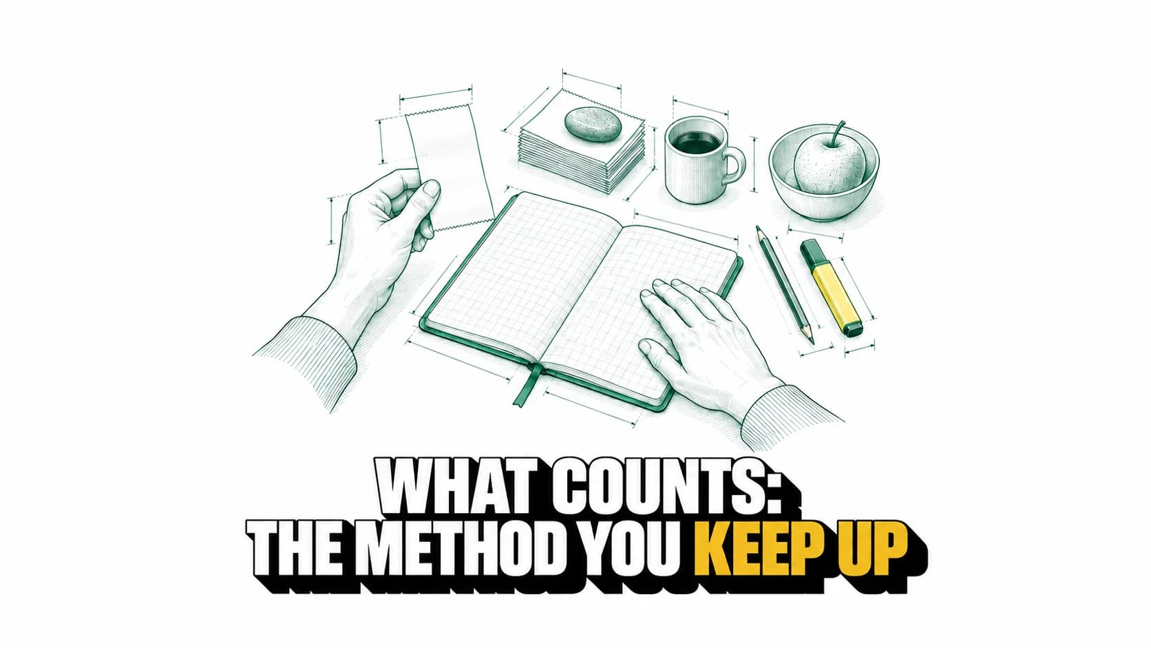 Technical drawing of hands, a blank notebook, receipts and yellow highlighter.