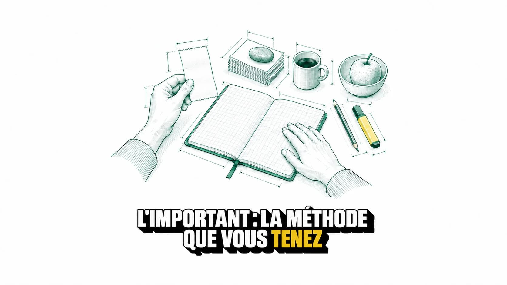 Dessin technique de mains, cahier vierge, tickets et surligneur jaune.