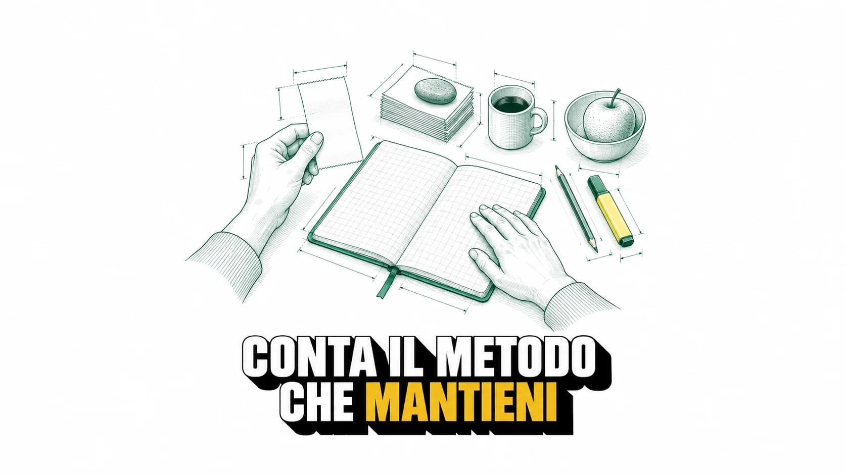 Disegno tecnico di mani, quaderno vuoto, scontrini e evidenziatore giallo.
