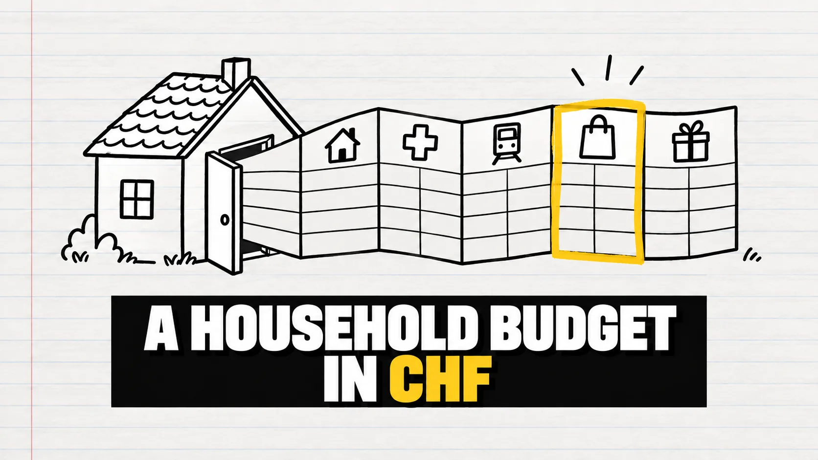 Ink drawing of a little house unfolding a budget grid, with the grocery column highlighted in yellow