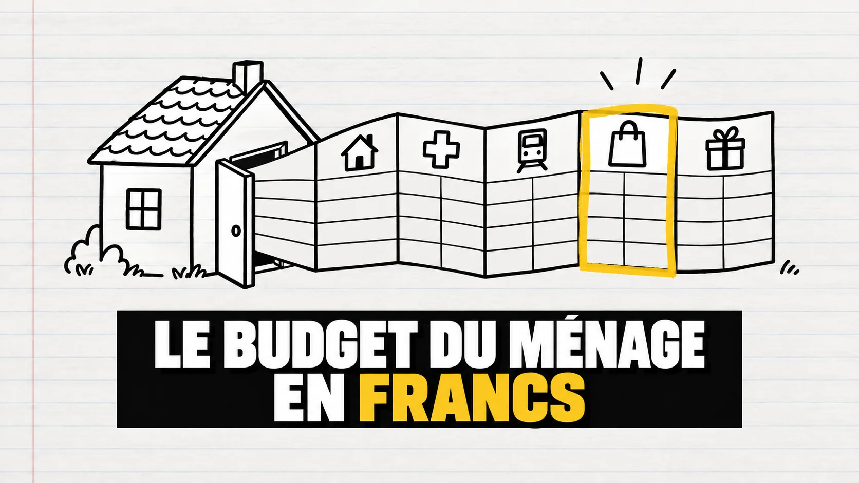 Dessin à l’encre d’une petite maison d’où se déplie une grille de budget, la colonne des courses surlignée en jaune