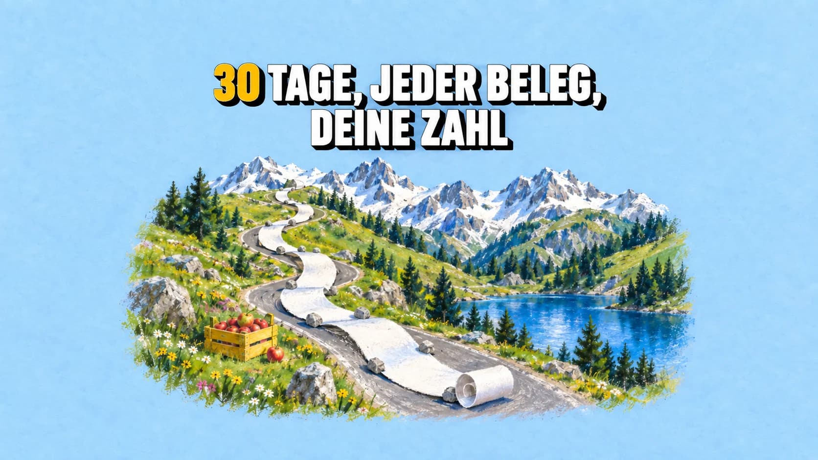 Weisser Kassenbon entlang einer Alpenstrasse und gelbe Apfelkiste als Pastellbild.