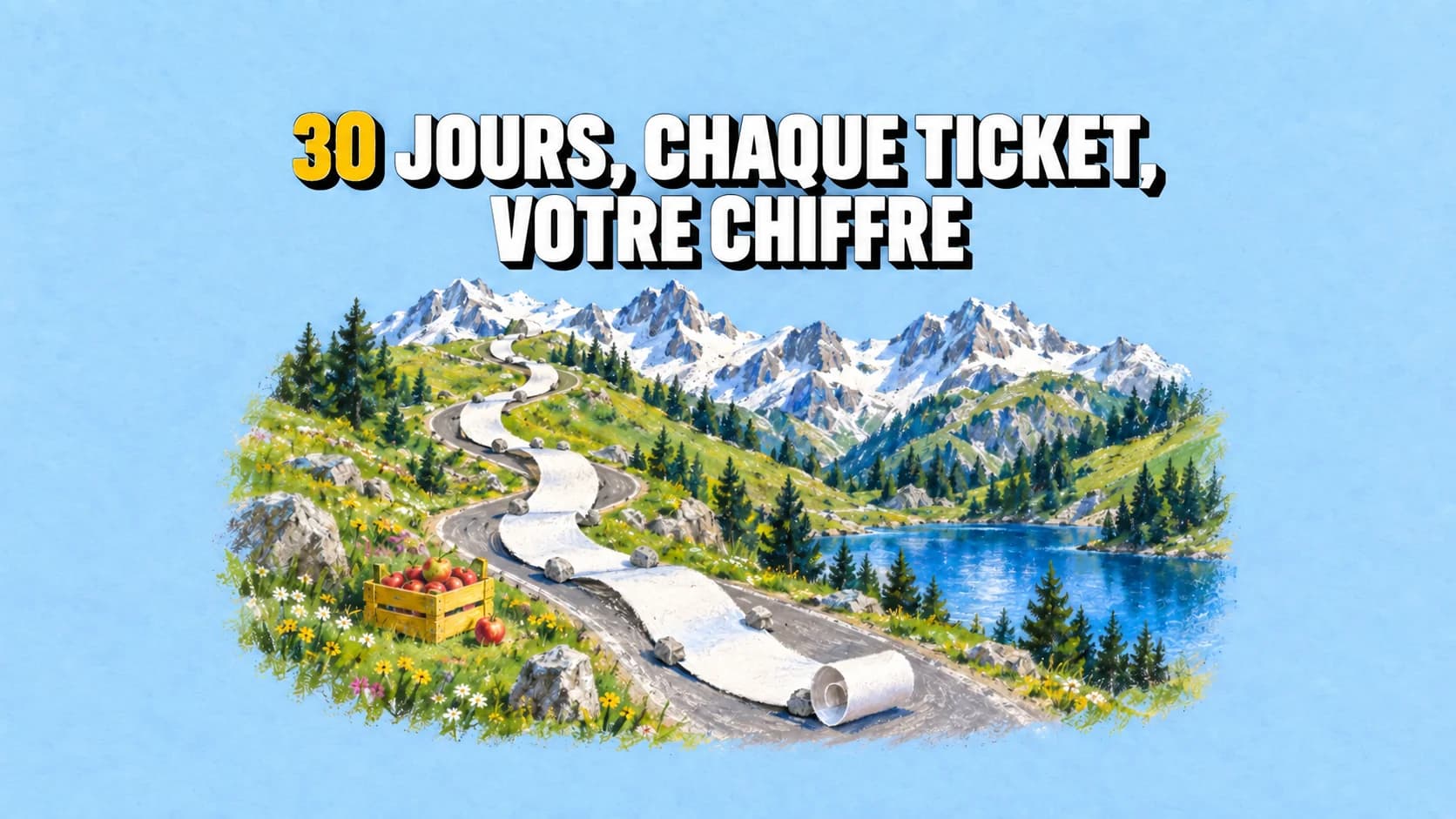 Ticket blanc le long d’une route alpine et caisse jaune de pommes, au pastel.