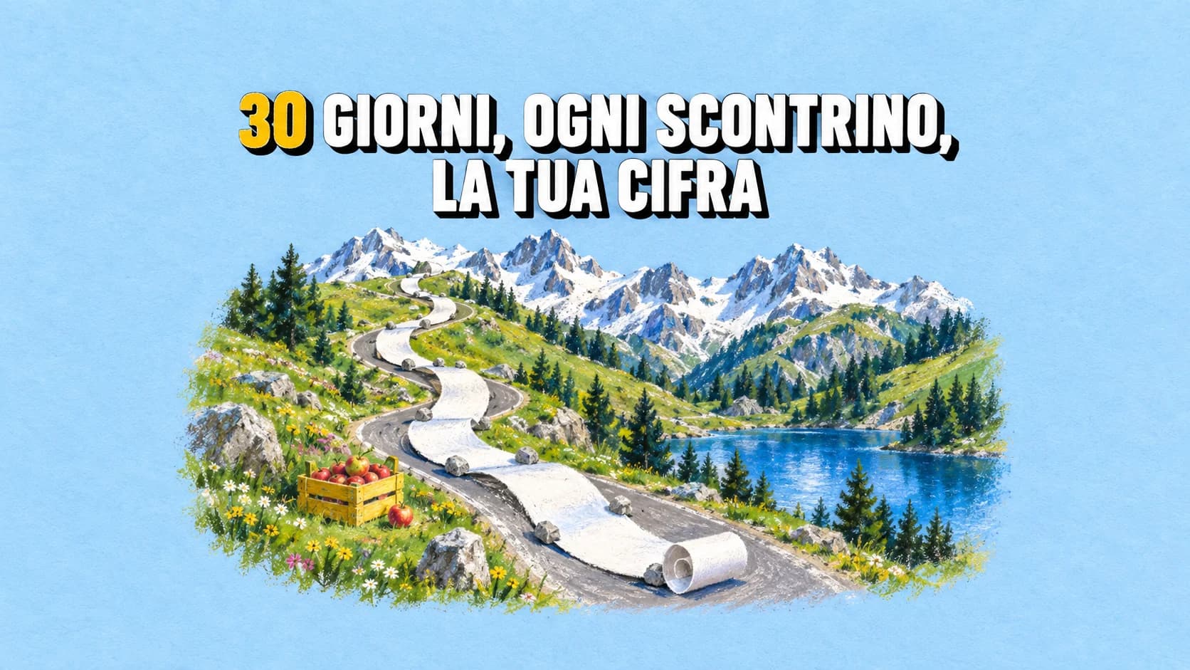 Scontrino bianco lungo una strada alpina e cassetta gialla di mele, a pastello.