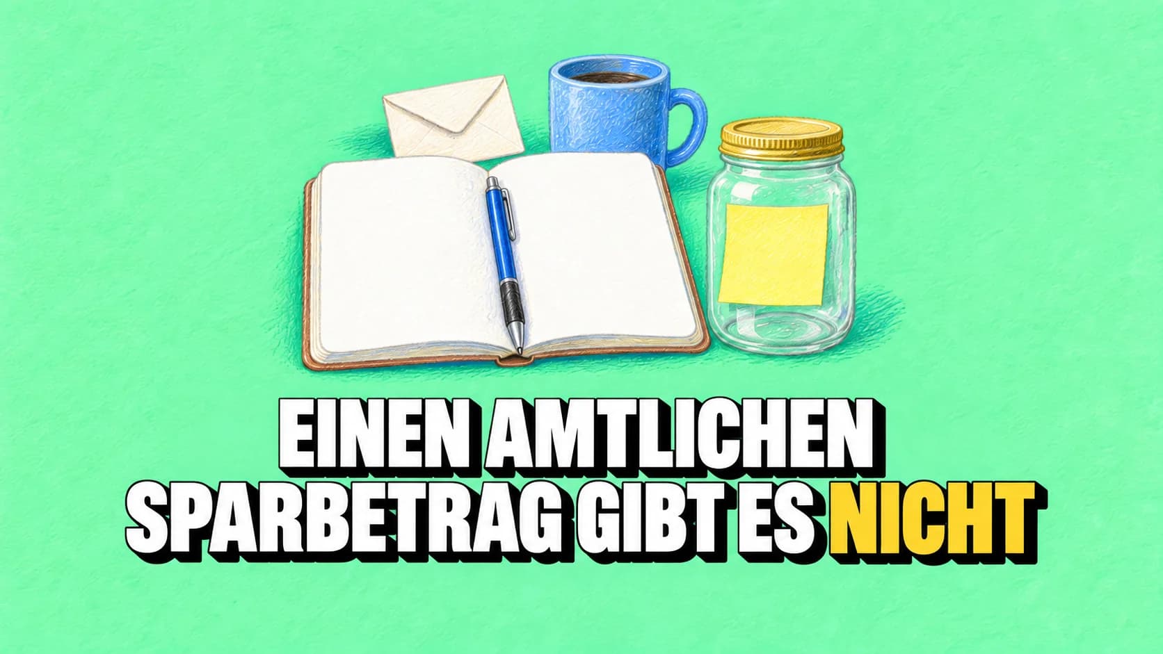 Leeres Heft, Glas mit gelbem Zettel, Umschlag und blaue Tasse als Pastellbild.