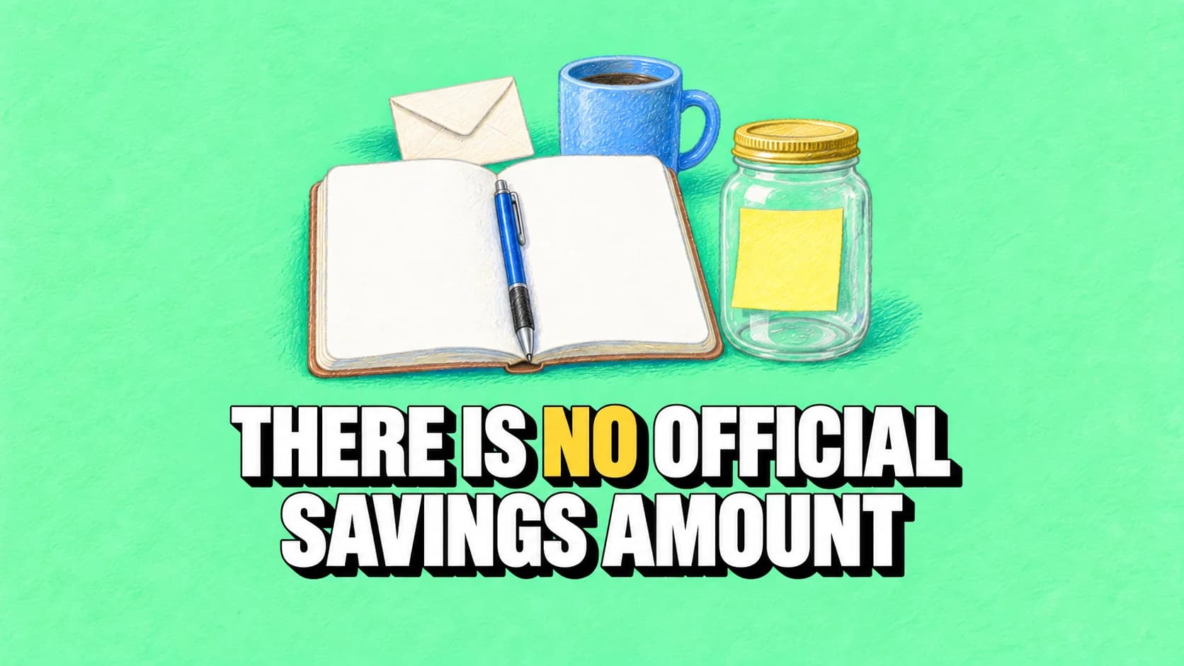 Pastel of a blank notebook, jar with yellow note, envelope and blue mug.