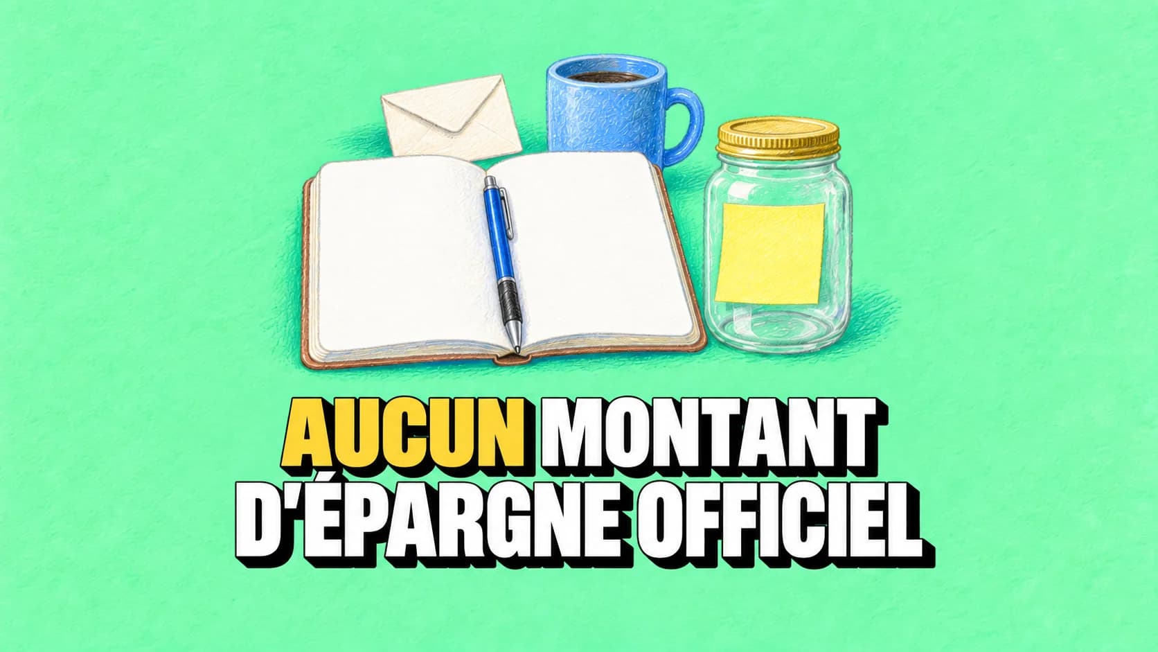 Cahier vierge, bocal avec note jaune, enveloppe et tasse bleue au pastel.