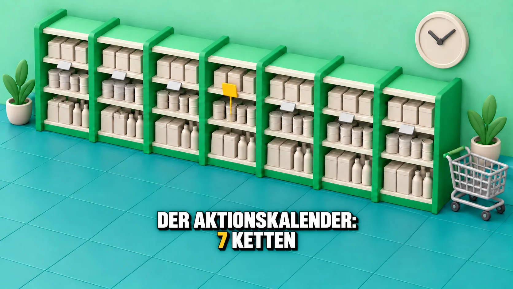 Knet-Diorama eines Supermarktgangs mit sieben Regalen und einem gelben Preisschild.