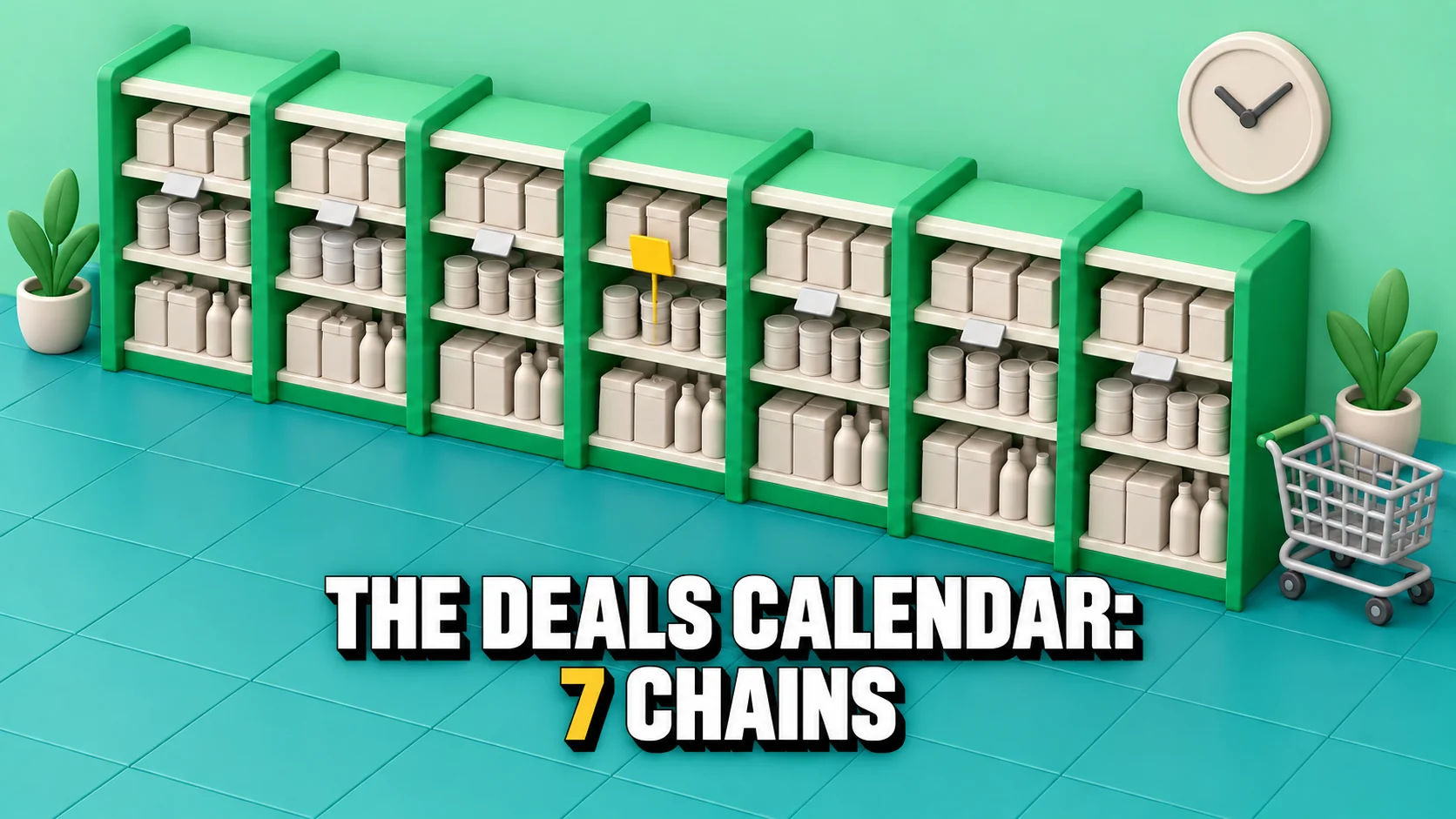 Clay supermarket-aisle diorama with seven shelf bays and one raised yellow price flag.