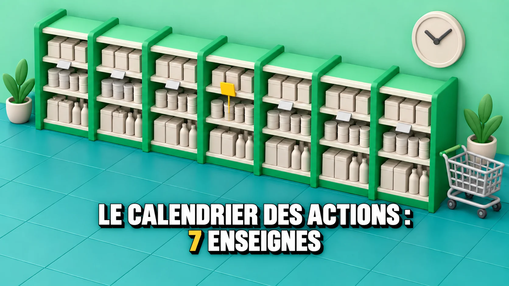 Diorama en pâte à modeler d’une allée avec sept rayonnages et une étiquette jaune.