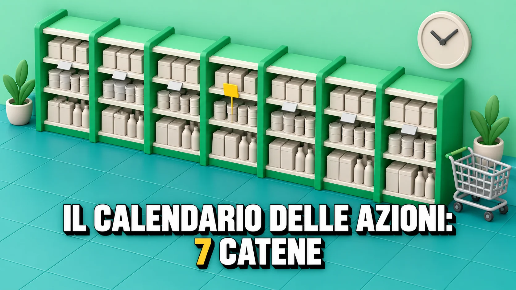 Diorama isometrico in plastilina di una corsia di supermercato con sette scaffali uguali e una sola bandierina di prezzo gialla alzata