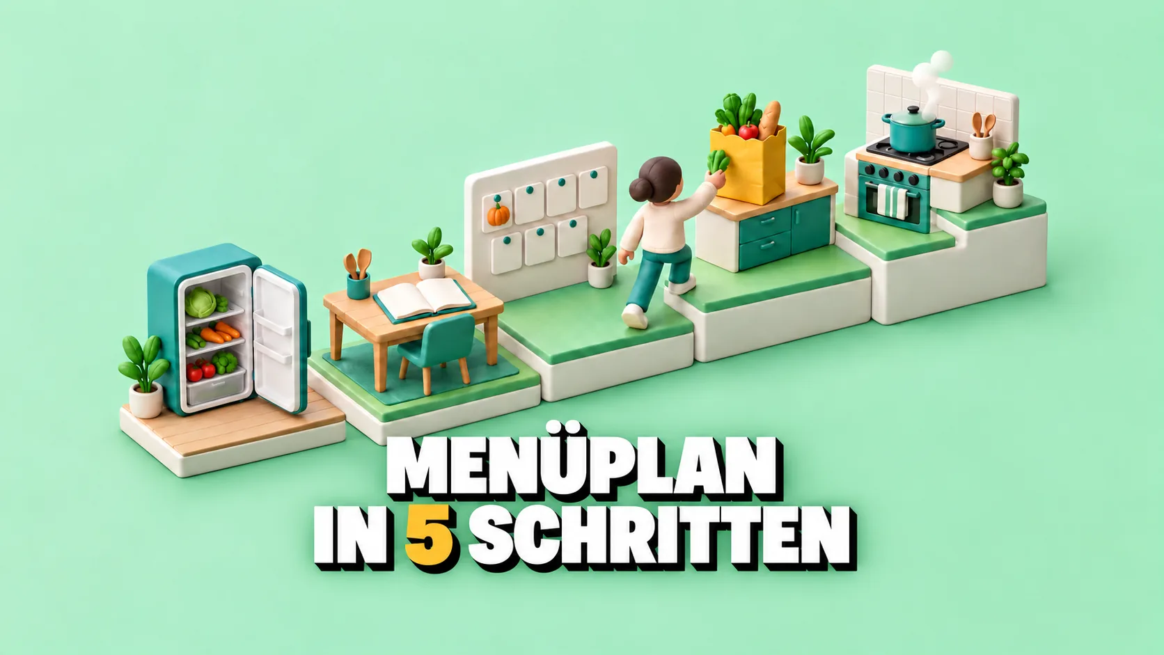 3D-Diorama einer Küche als fünf Stufen vom Kühlschrank bis zum Kochtopf, mit einer gelben Einkaufstasche
