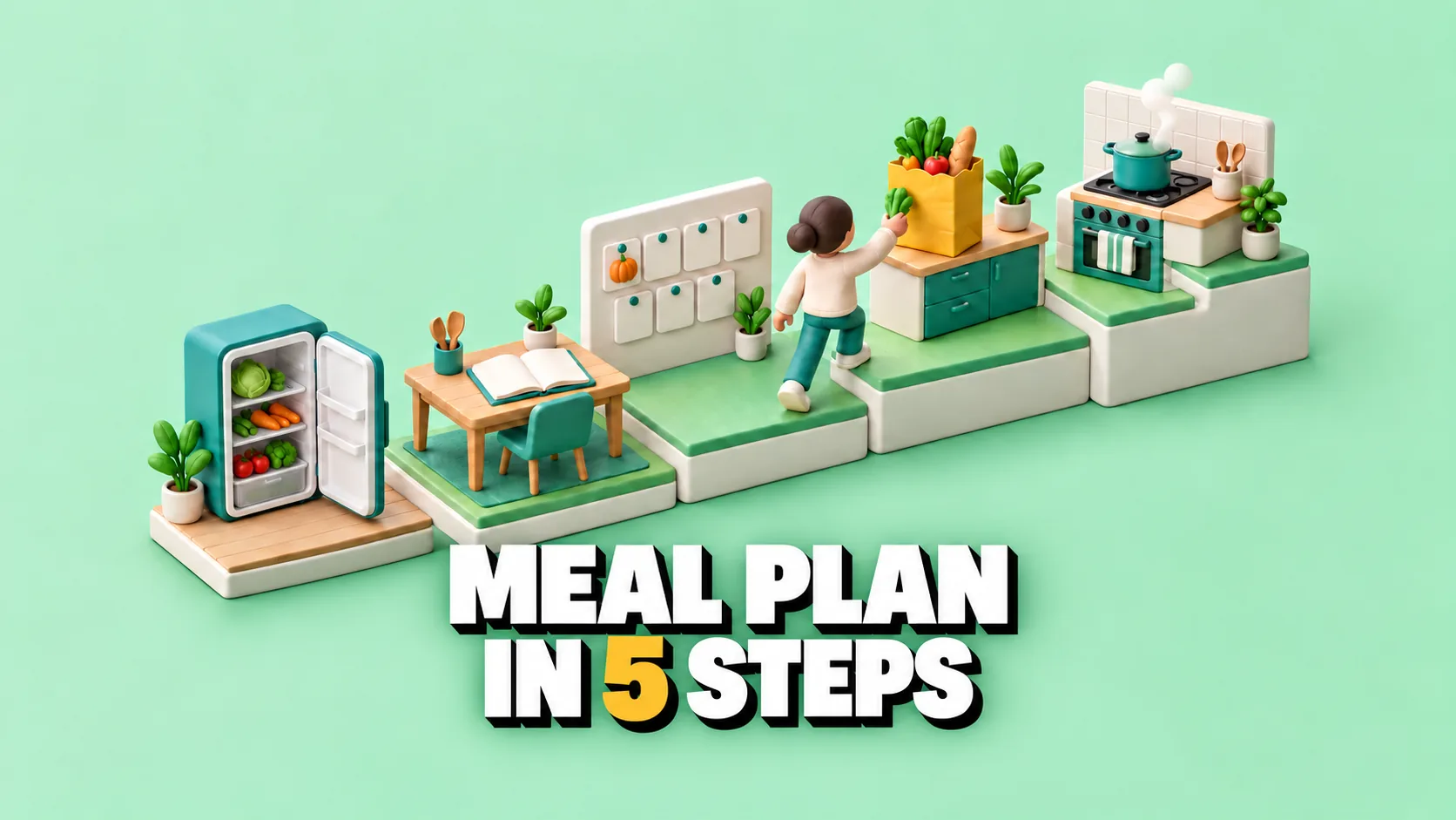 3D diorama of a kitchen built as five steps from fridge to cooking pot, with a yellow shopping bag