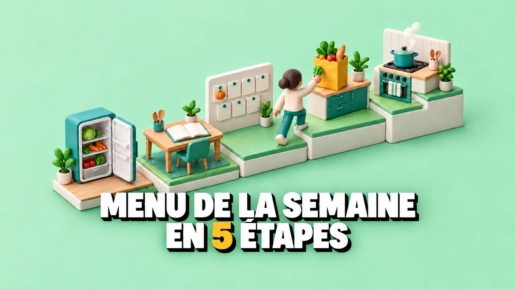 Diorama 3D d’une cuisine en cinq marches, du frigo à la casserole, avec un sac de courses jaune