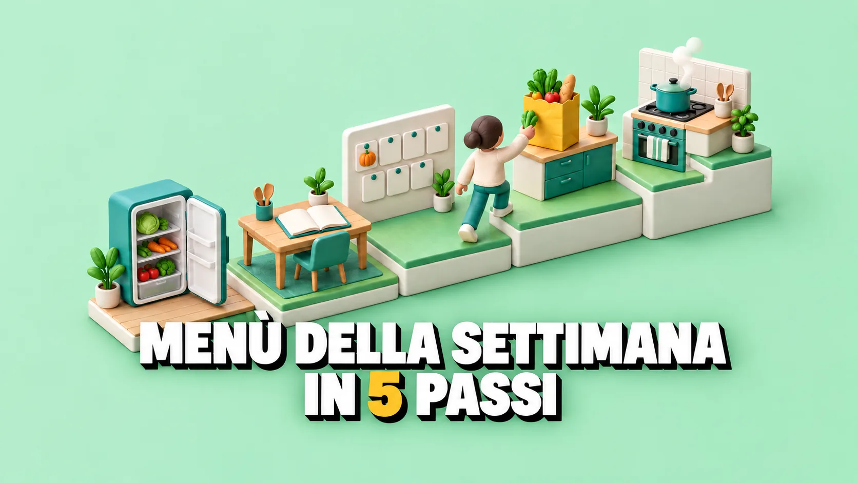 Diorama 3D di una cucina in cinque gradini, dal frigorifero alla pentola, con un sacchetto della spesa giallo