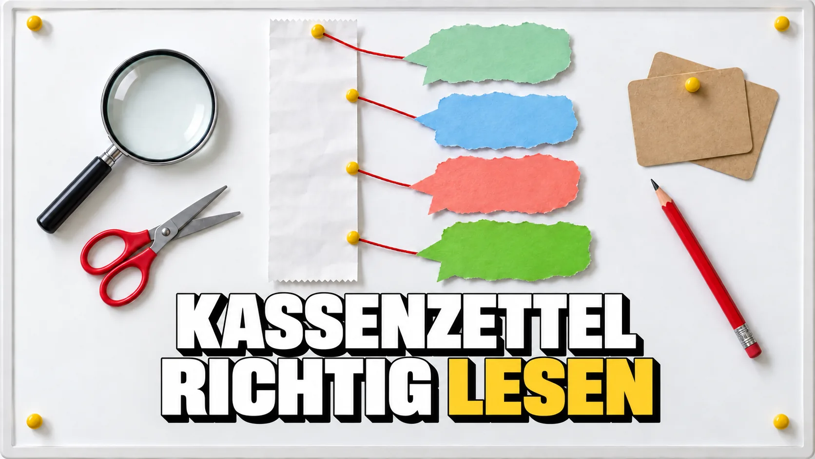 Pinnwand mit einem leeren Kassenzettel, der mit roten Fäden mit vier bunten Sprechblasen aus Papier verbunden ist