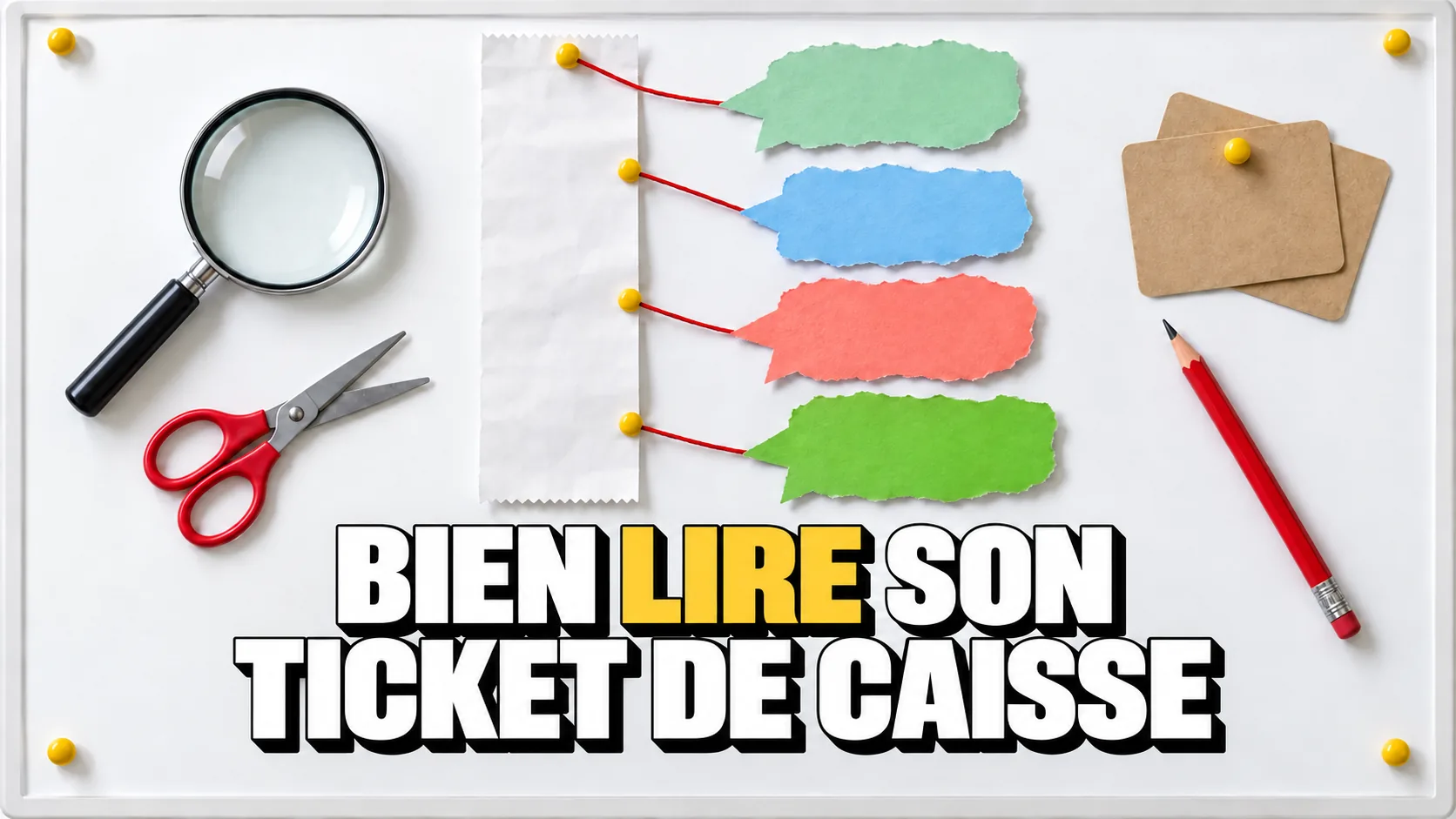 Tableau avec un ticket vierge relié par des fils rouges à quatre bulles de papier colorées