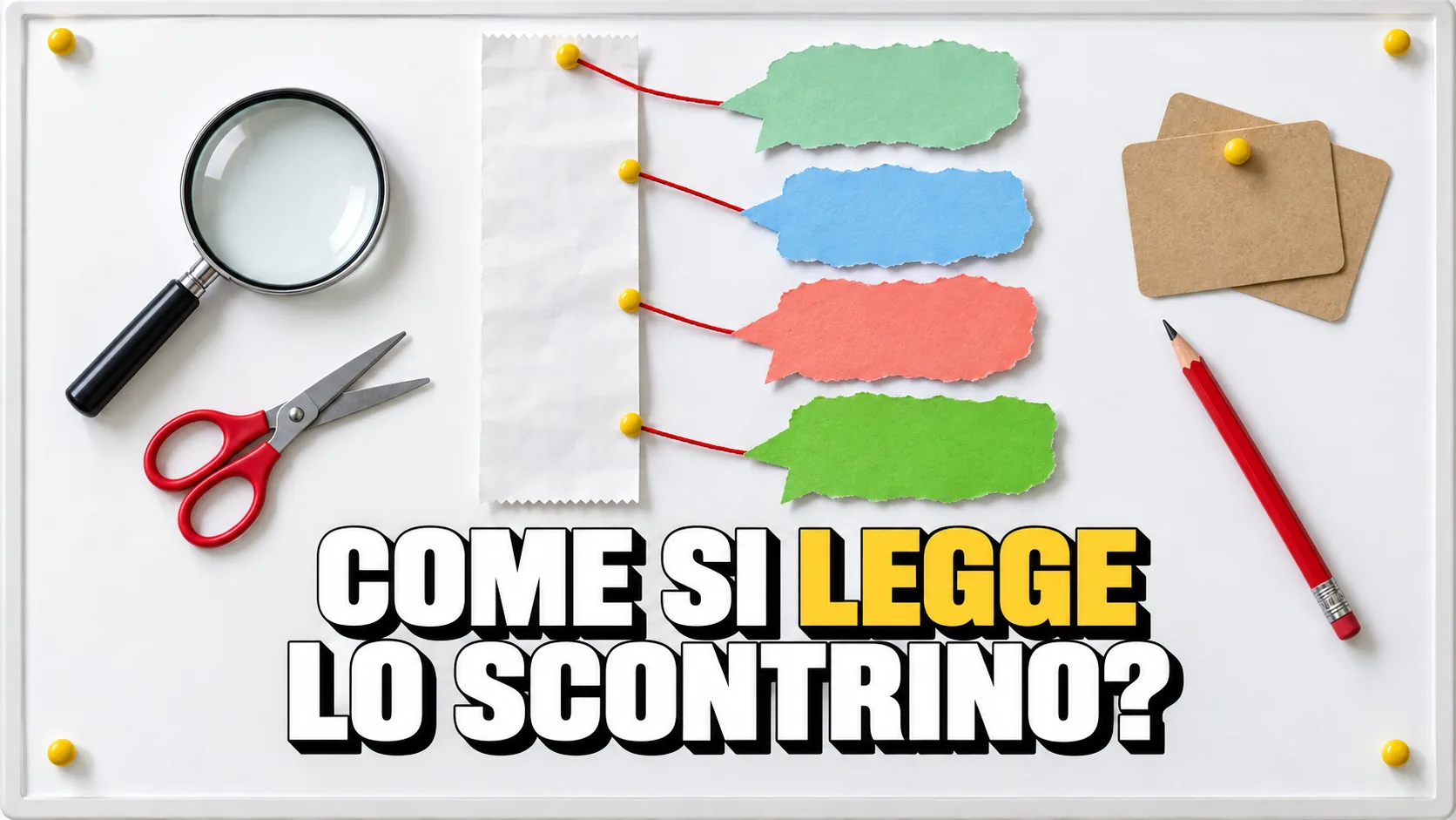 Bacheca con uno scontrino bianco collegato da fili rossi a quattro fumetti di carta colorati