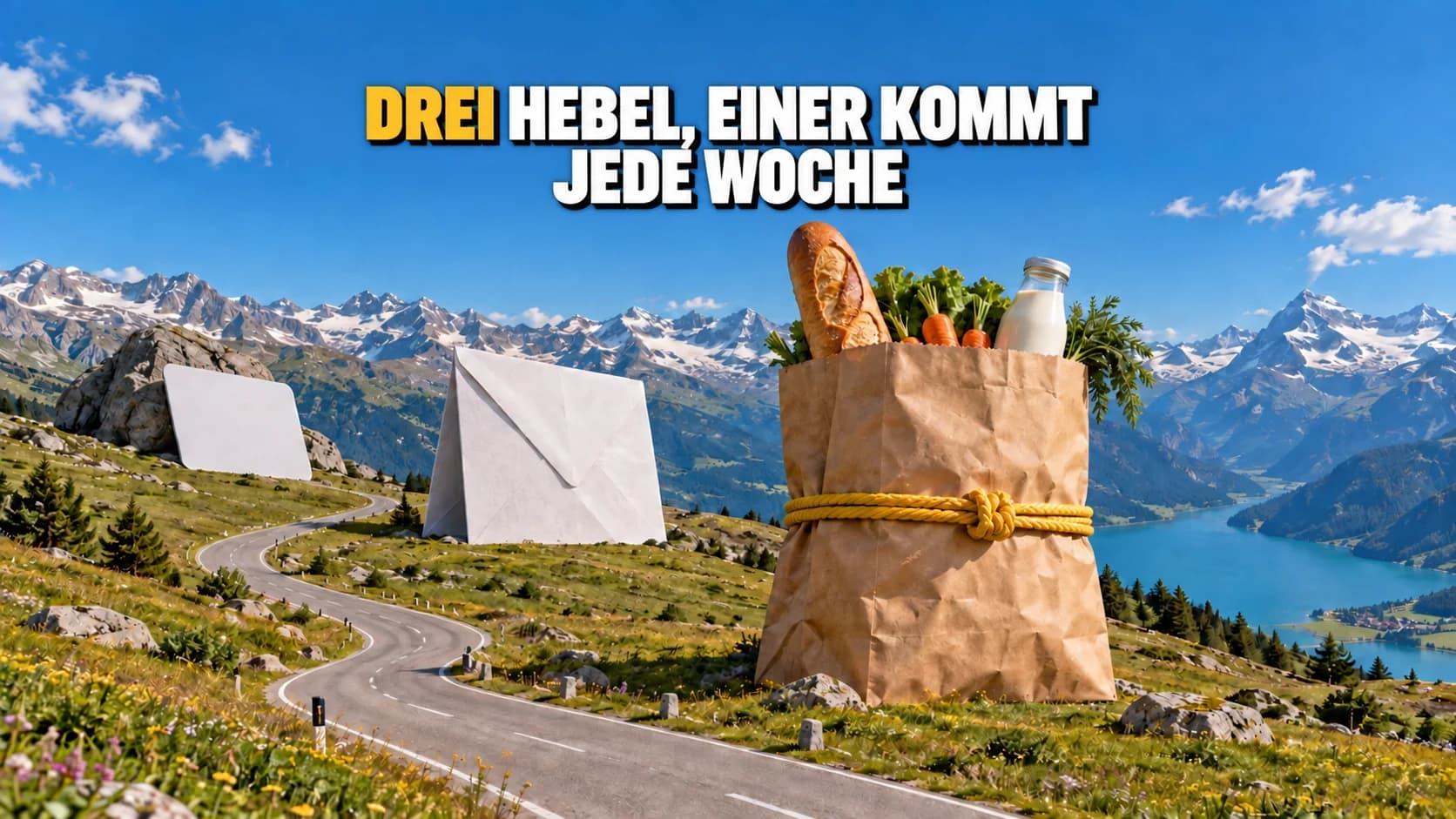 Riesige Einkaufstasche, Umschlag und Karte auf einer Alpenwiese.