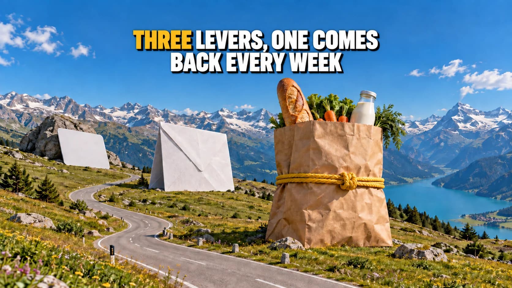 Giant grocery bag, envelope and card in an Alpine pasture.