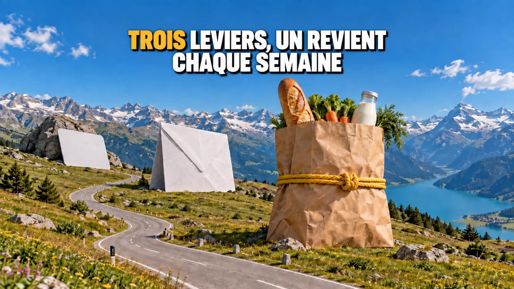 Sac de provisions, enveloppe et carte géants dans un pâturage alpin.