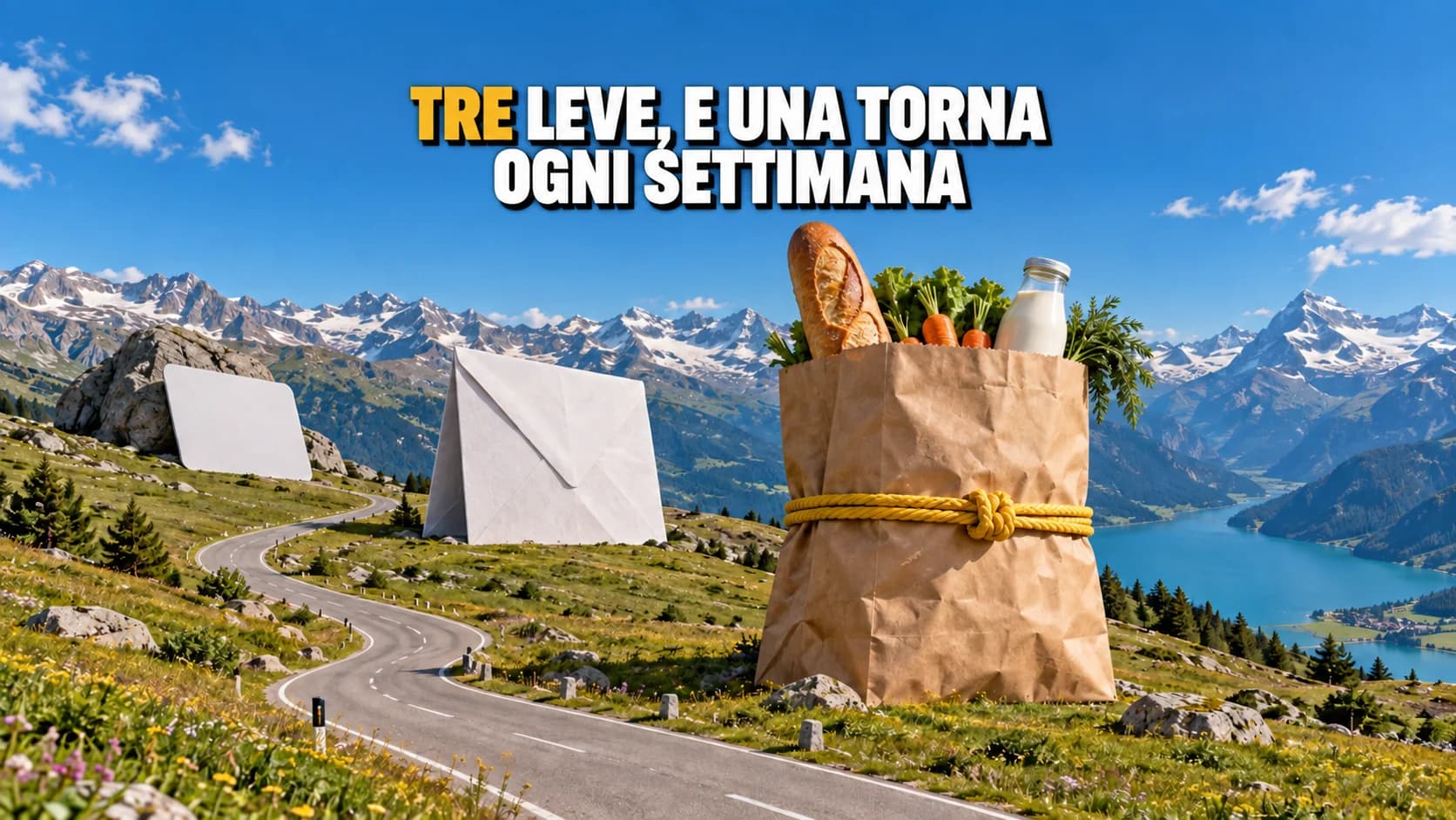 Borsa della spesa, busta e tessera giganti su un pascolo alpino.