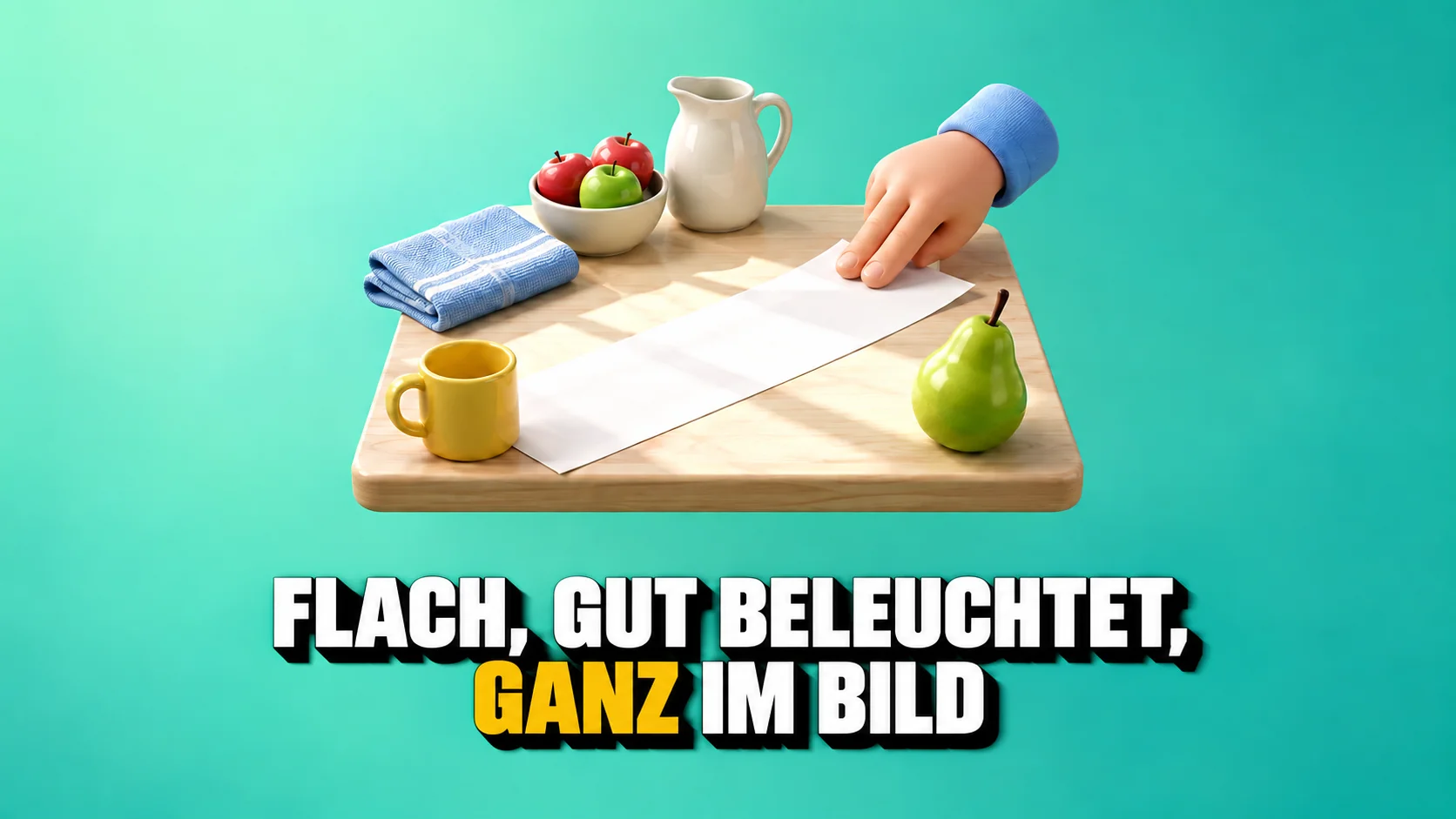 Eine Hand glättet einen leeren Kassenbon im Licht neben gelber Tasse und Birne.