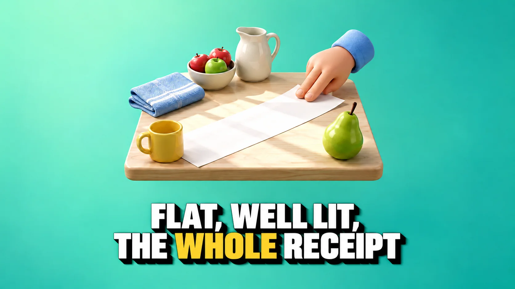 A hand smooths a blank receipt in the light beside a yellow mug and pear.