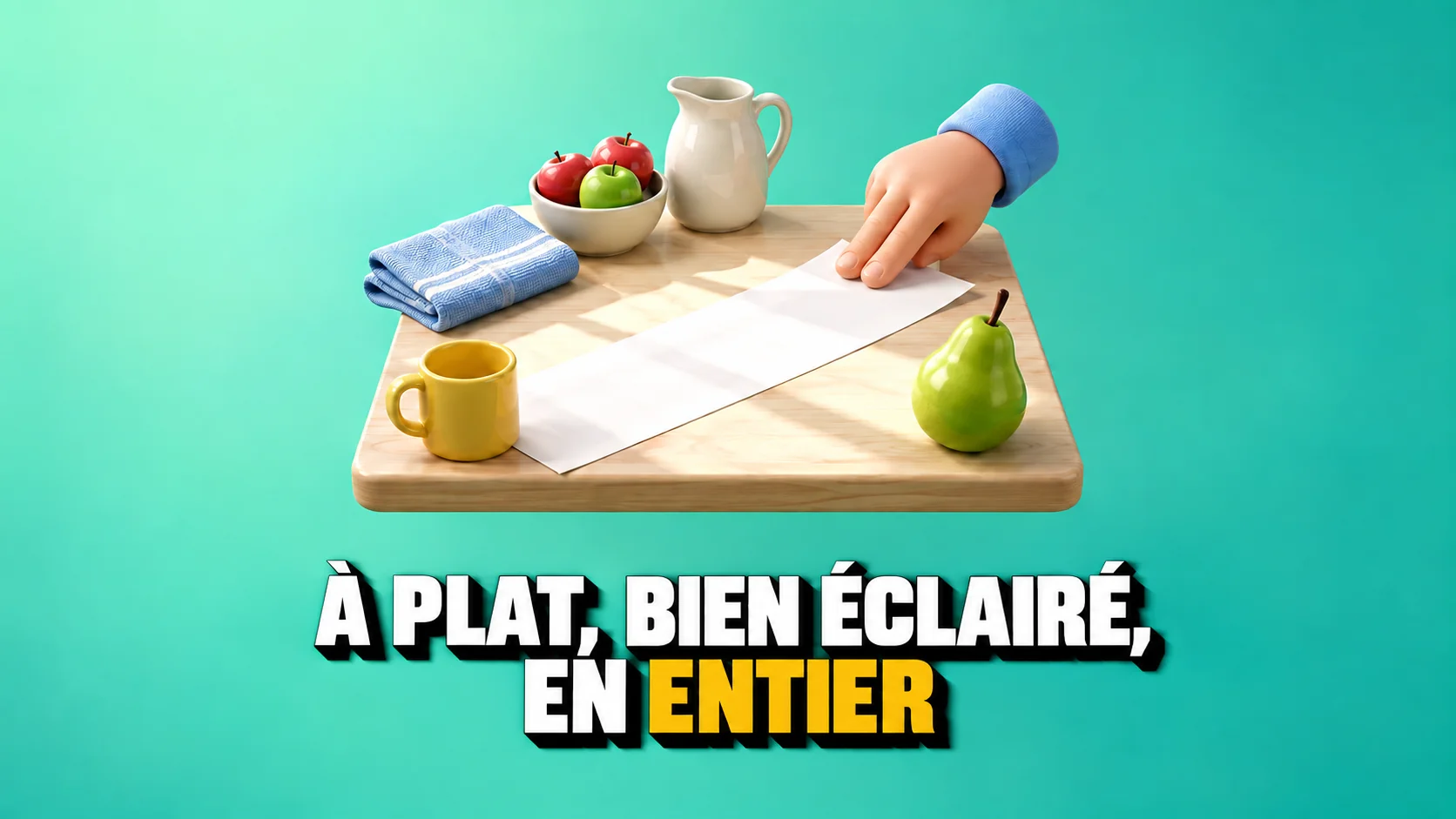 Une main lisse un ticket vierge dans la lumière près d’une tasse jaune et d’une poire.