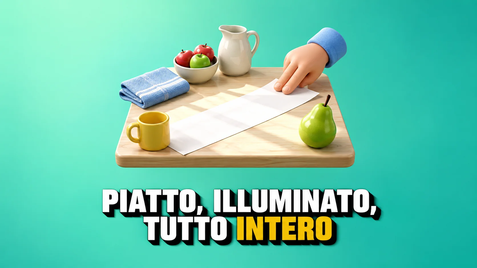 Mano che liscia uno scontrino vuoto nella luce accanto a tazza gialla e pera.