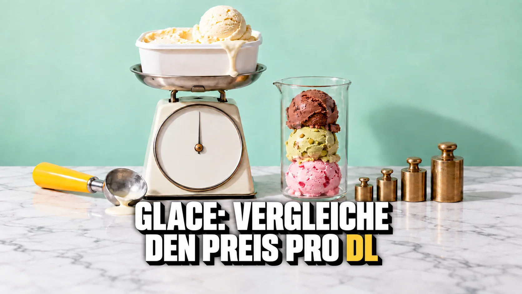 Vintage-Küchenwaage mit Glacebehälter, Glasmessbecher und Messinggewichten vor mintgrünem Grund.