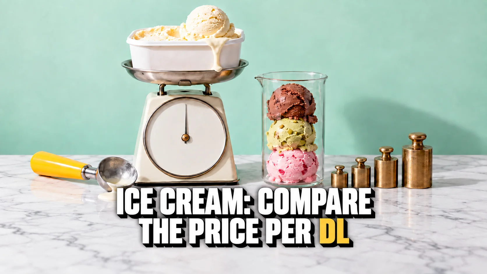 Vintage kitchen scale with an ice-cream tub, glass measuring cup and brass weights on mint.