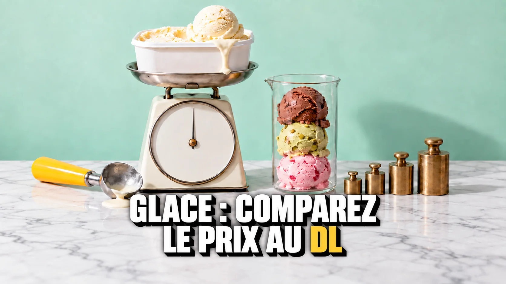 Balance de cuisine vintage avec bac à glace, verre doseur et poids en laiton sur fond menthe.