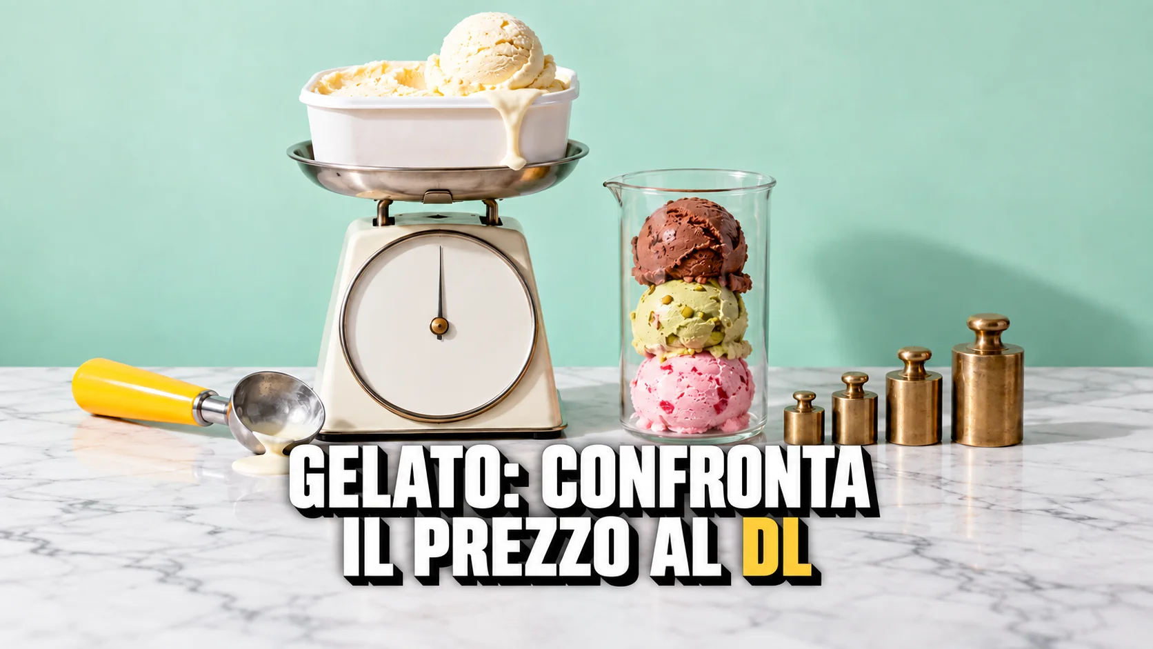 Bilancia da cucina vintage con una vaschetta di gelato, un misurino di vetro e pesi in ottone su fondo menta.