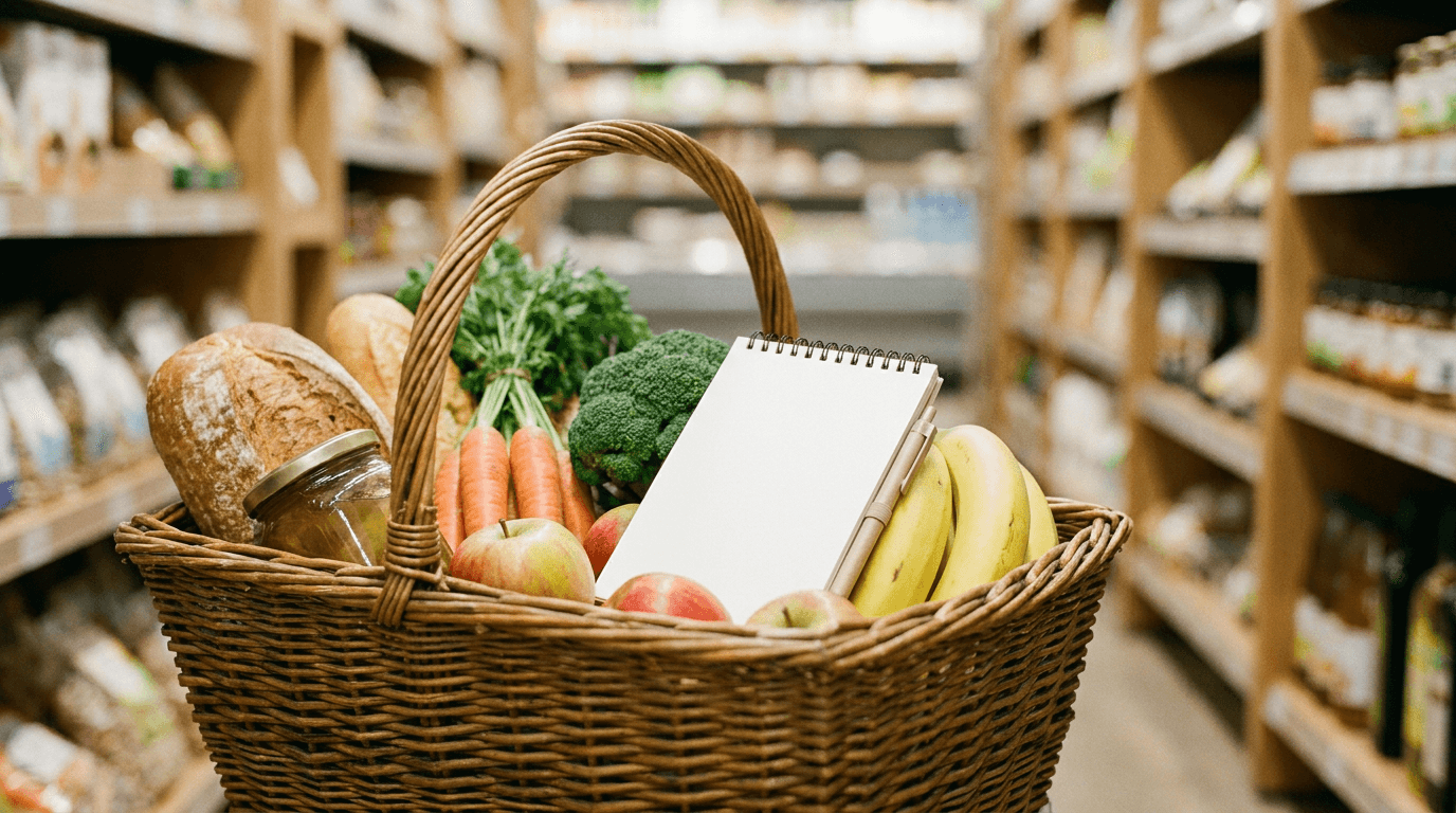 Panier de courses avec des aliments frais et un bloc-notes: faire ses courses avec une liste et un plan évite les achats impulsifs, soutenu par la liste de courses dans Rappn.