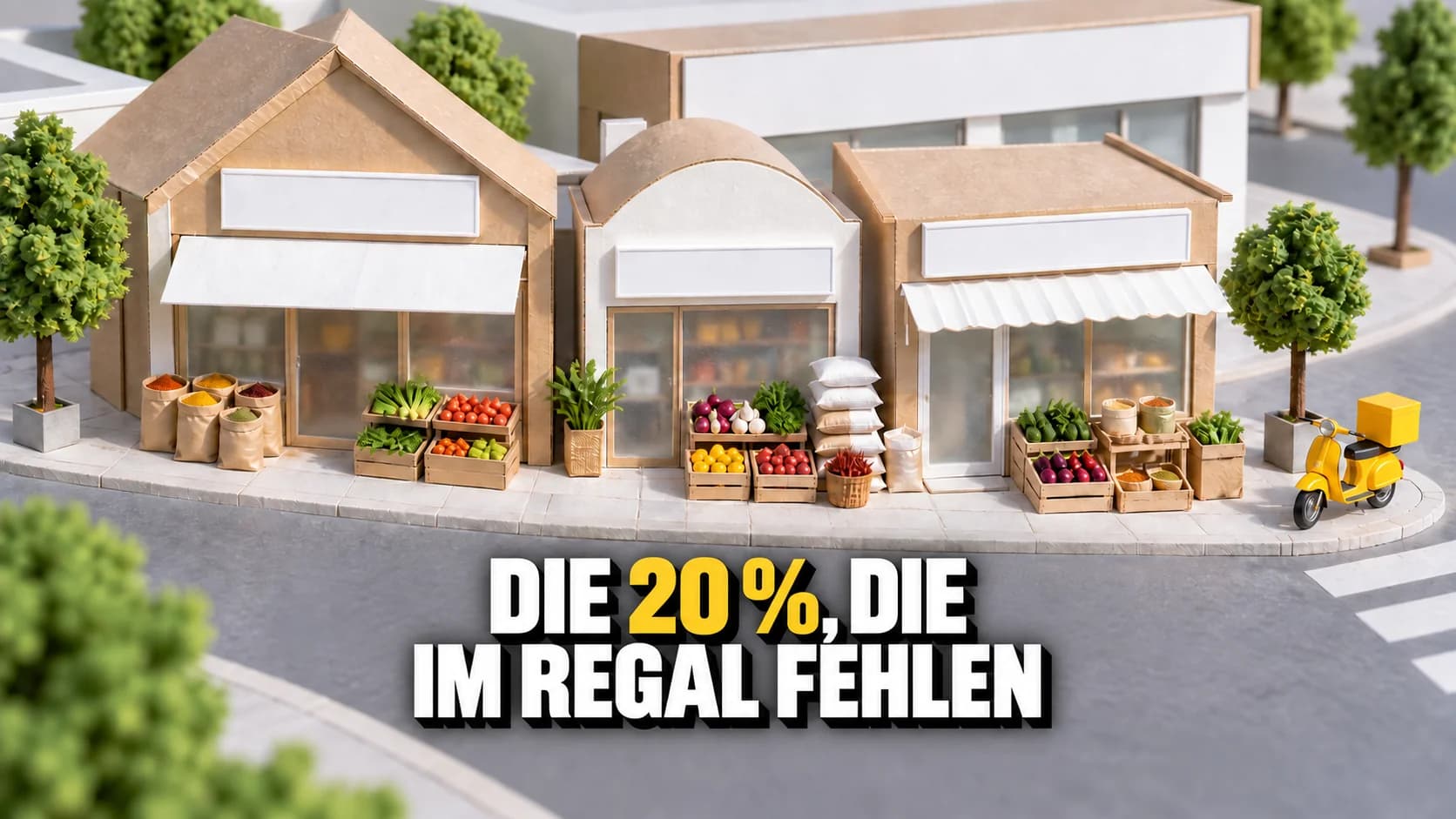 Kartonmodell dreier kleiner Lebensmittelgeschäfte vor einem grossen neutralen Gebäude.