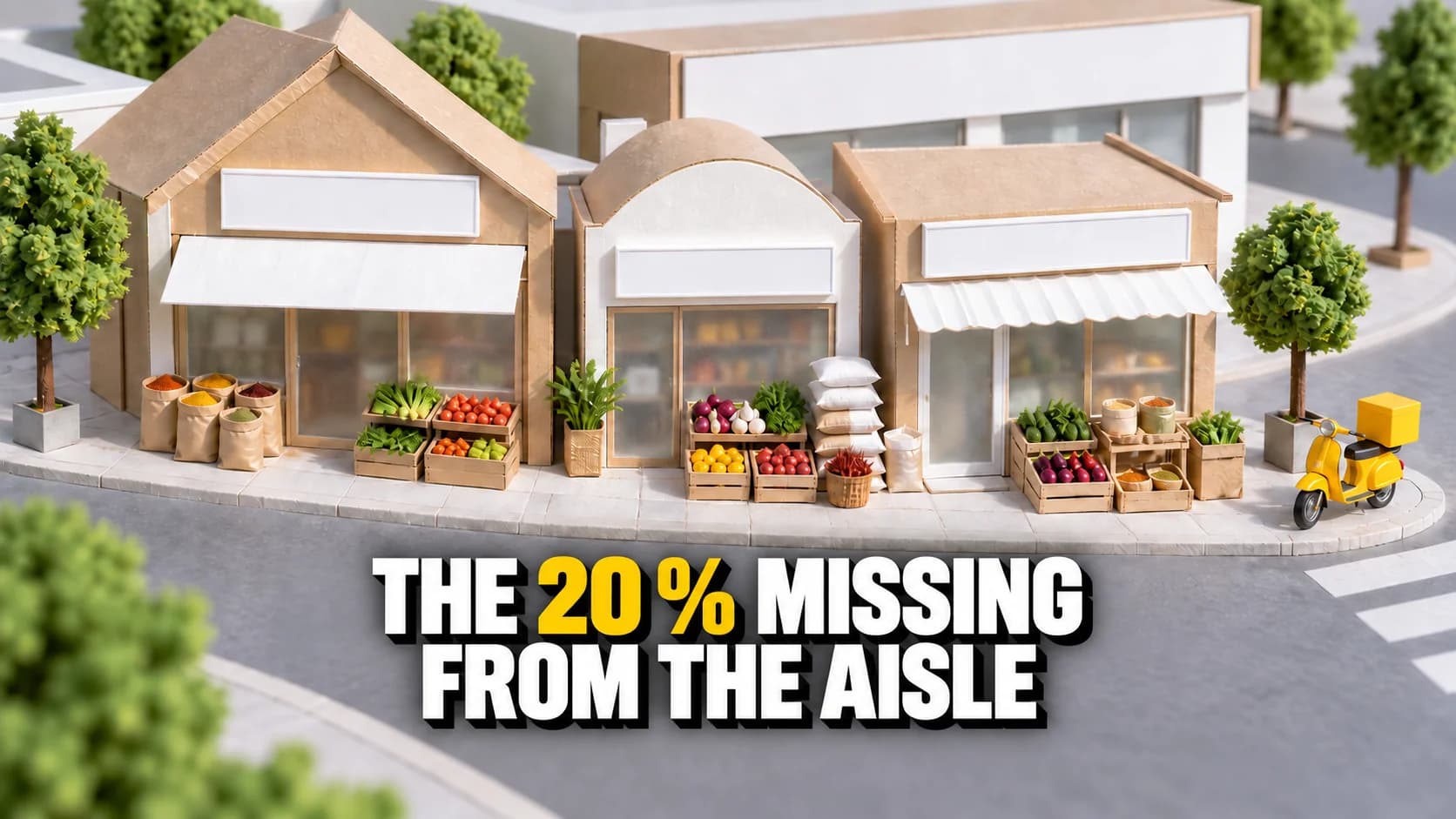 Cardboard model of three small grocery shops in front of a large generic building.
