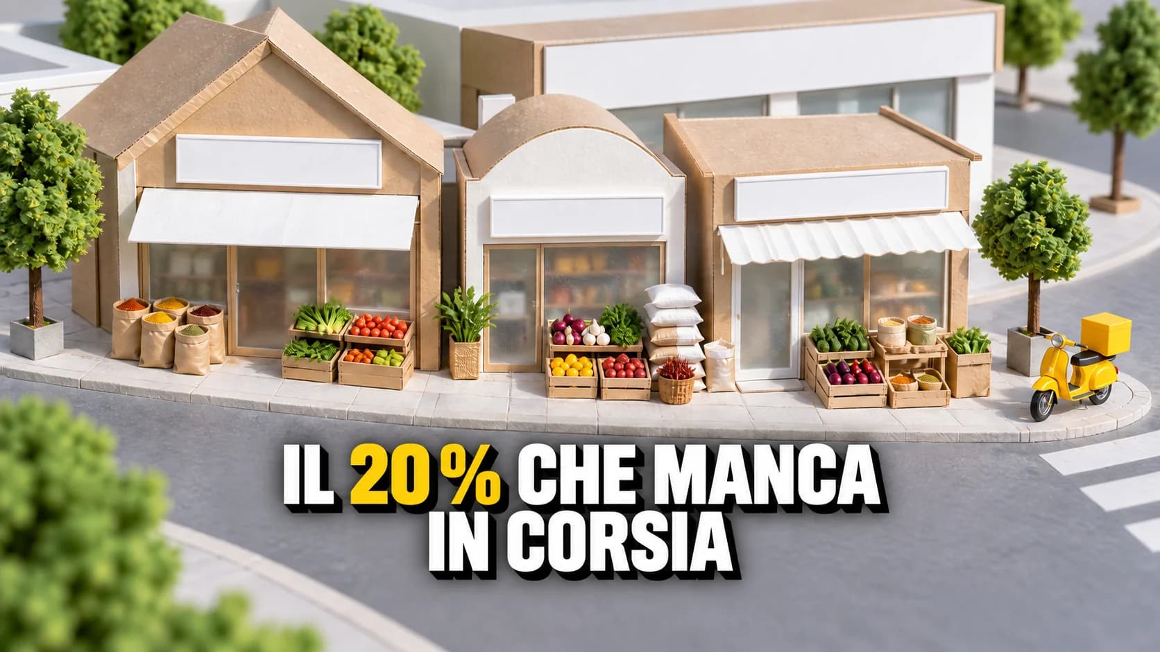 Modellino di cartone di tre piccoli negozi affiancati con sacchi di spezie e casse, davanti a un grande edificio bianco senza insegna.