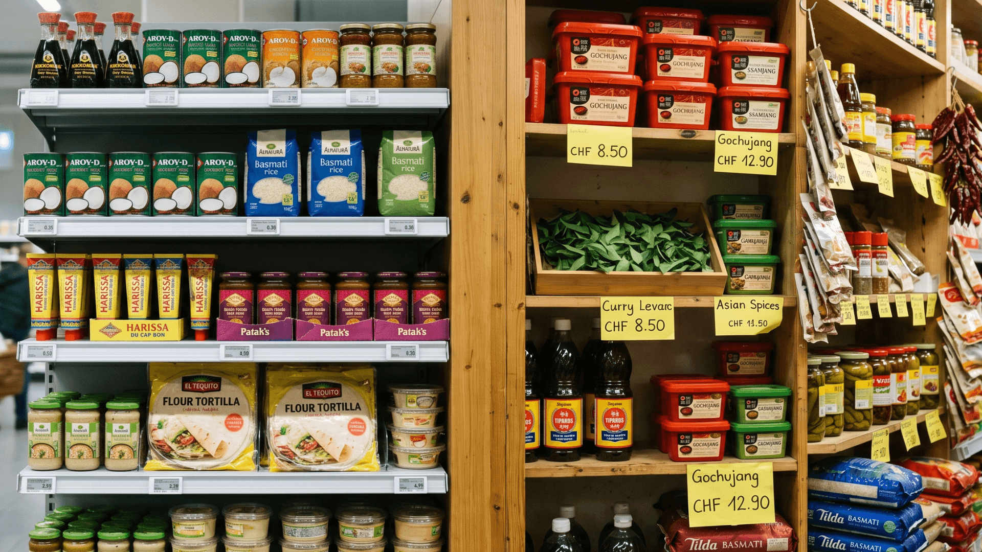 A wall of soy sauces, miso pastes, gochujang, harissa, basmati rice and curry leaves on shelves at a Zurich Asian grocery store