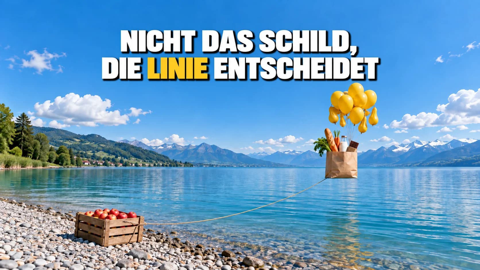Einkaufstasche an gelben Ballonen, die genau auf der Horizontlinie über dem See schwebt