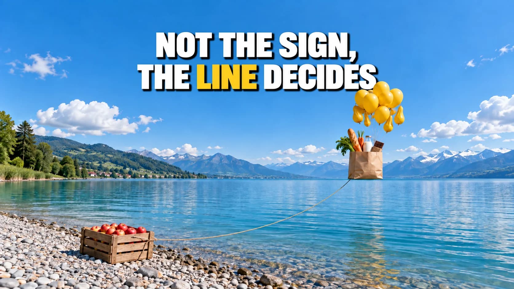 A grocery bag on yellow balloons hovering exactly on the horizon line above a lake