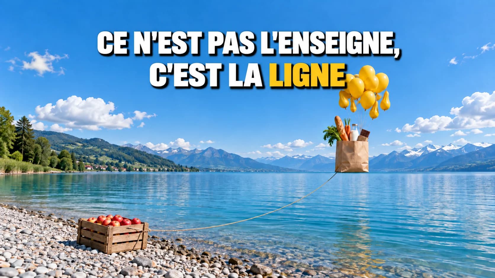 Sac de courses suspendu à des ballons jaunes, immobile pile sur la ligne d’horizon au-dessus du lac