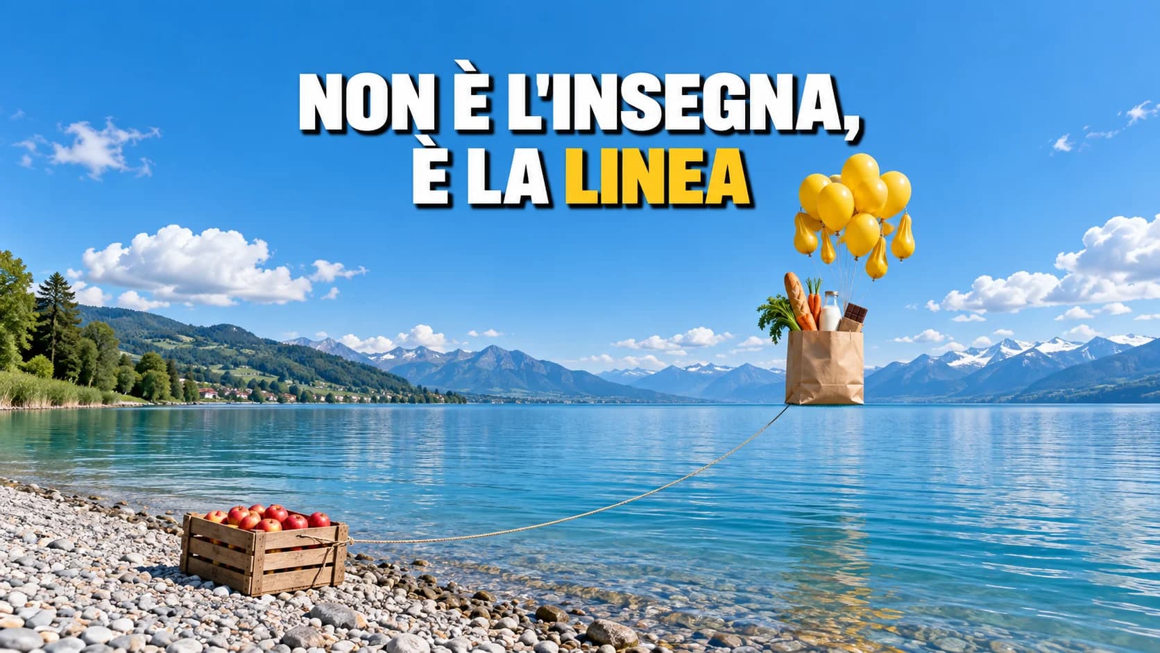 Sacchetto della spesa appeso a palloncini gialli, fermo esattamente sulla linea dell’orizzonte sul lago
