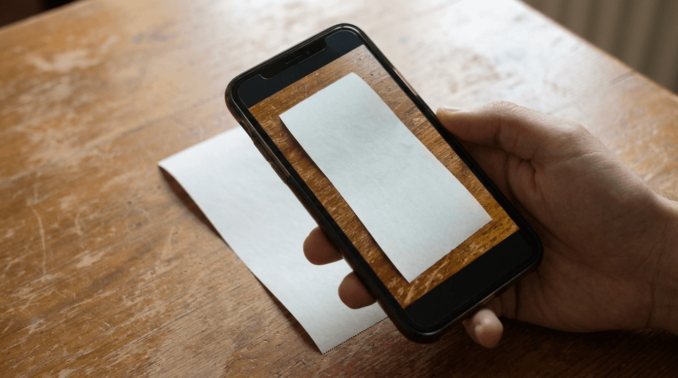 A hand photographing a receipt with a phone on a wooden table: the guide to scanning a receipt, which captures spending in Rappn.