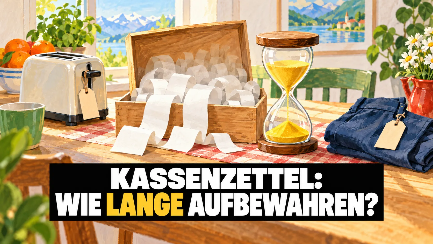 Gouache-Illustration einer Schachtel mit verblassenden Kassenzetteln, daneben ein Toaster, eine Hose und eine gelbe Sanduhr