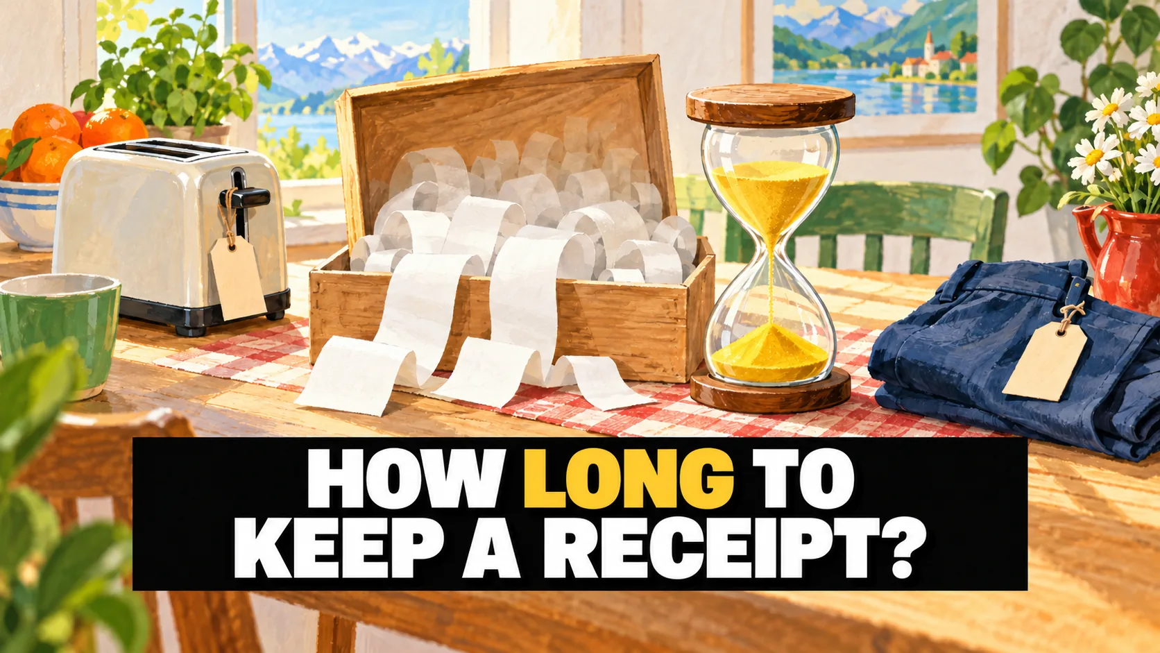Gouache illustration of a box of fading receipts next to a toaster, a pair of trousers and a yellow hourglass