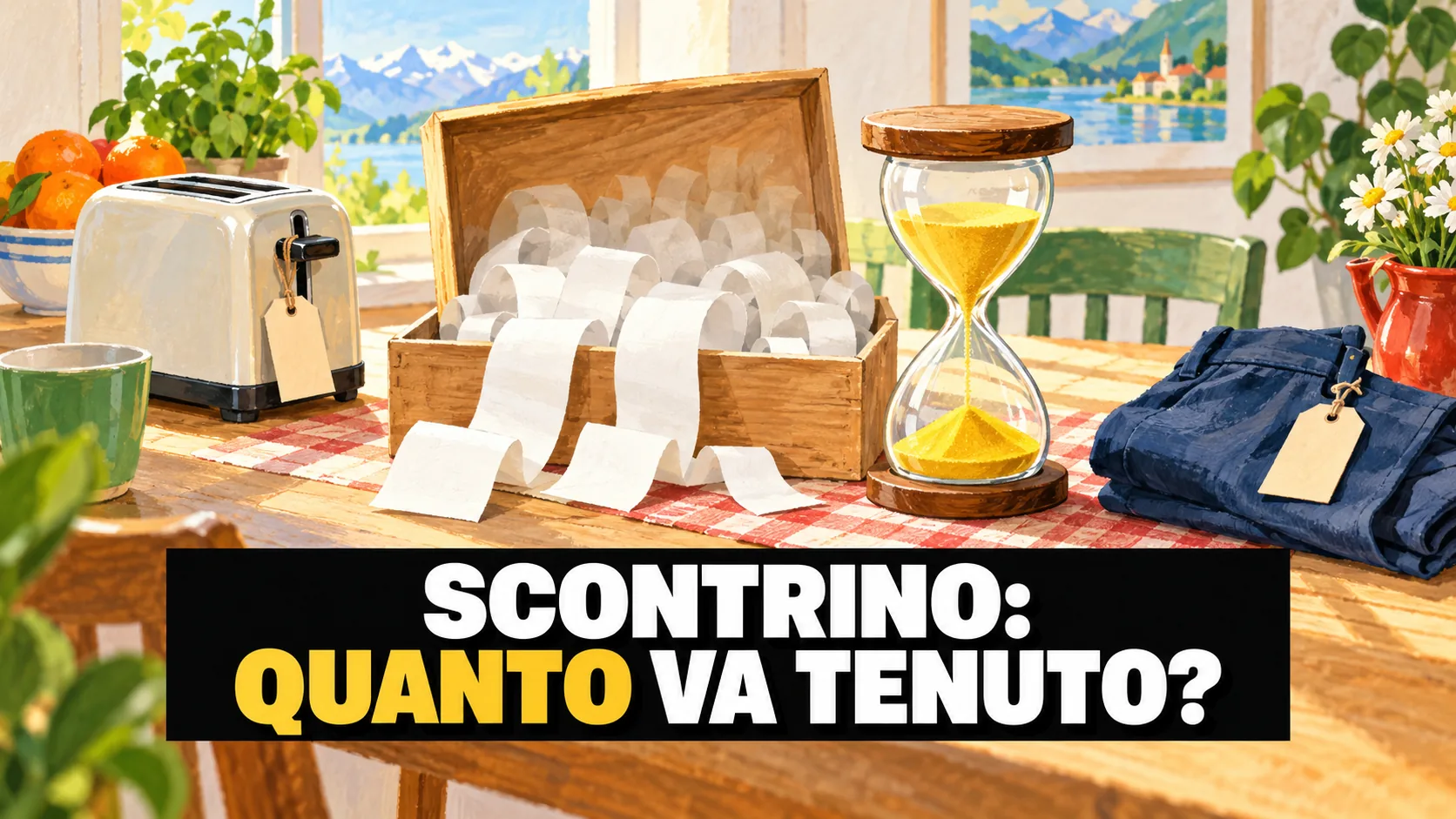 Illustrazione a gouache di una scatola di scontrini che sbiadiscono, accanto un tostapane, dei pantaloni e una clessidra gialla