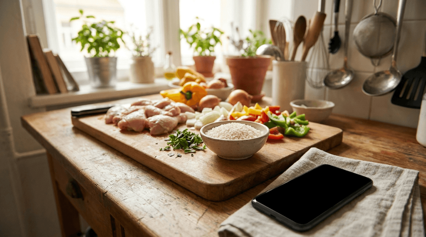 A cutting board with fresh versatile ingredients and a phone in a kitchen: cooking with this week's offers, with matched recipes live in Rappn.