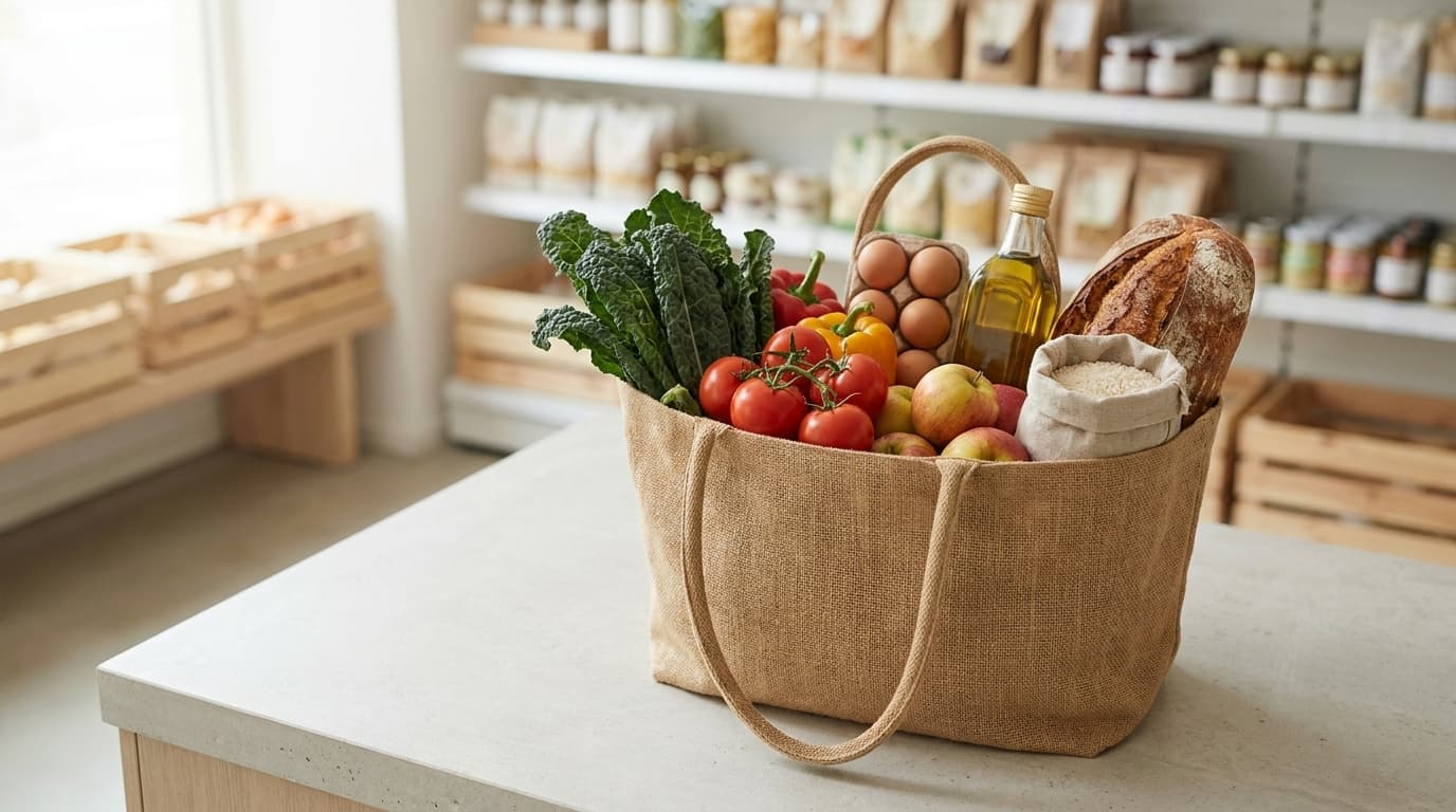 Produits frais et un panier de courses dans un magasin suisse lumineux, illustrant un achat soigneux d'aliments certifiés en Suisse