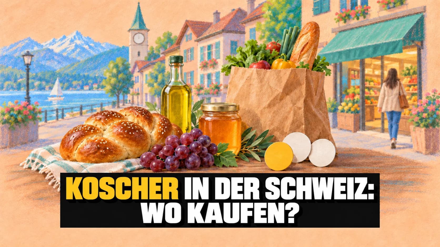 Pastellillustration auf aprikosenfarbenem Papier: eine stilisierte Schweizer Strasse und im Vordergrund Zopfbrot, Öl, Honig und eine Einkaufstasche.